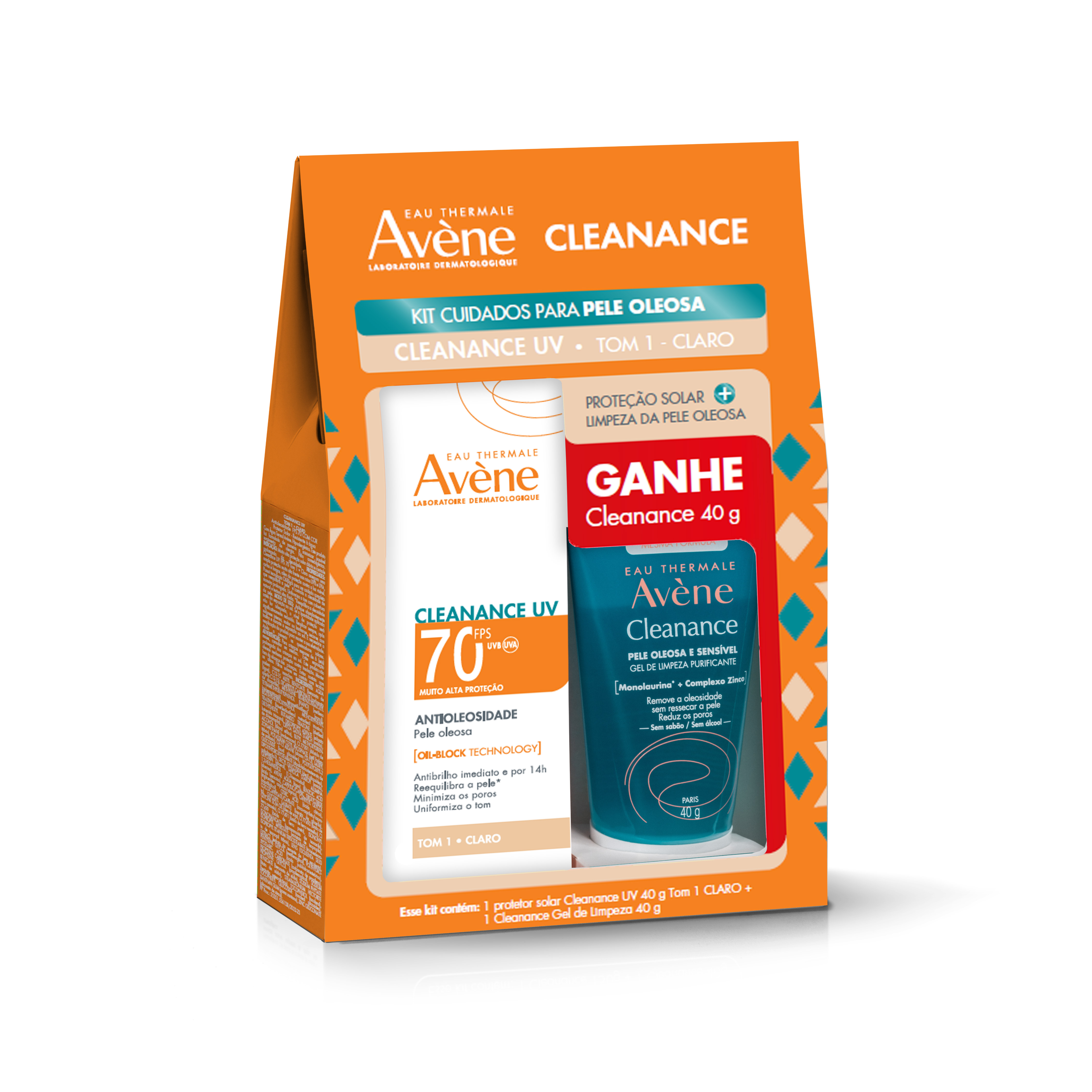 Kit Protetor Solar Facial Avène Cleanance Antioleosidade FPS70 Tom 1 Claro 40g 1 Unidade + Gel de Limpeza Avène Cleanance Purificante 40g 1 Unidade