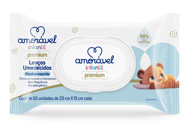 Lenço Umedecido Infantil Amorável 99% Água Com 50 Unidades