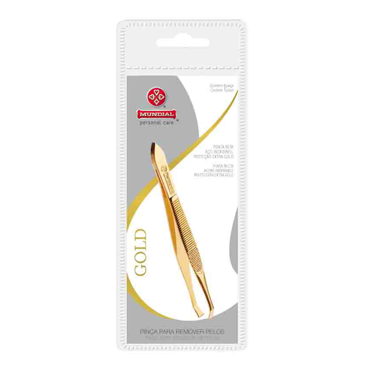 Pinça de Sobrancelha Mundial Gold 384 Ponta Reta Dourada 1 Unidade