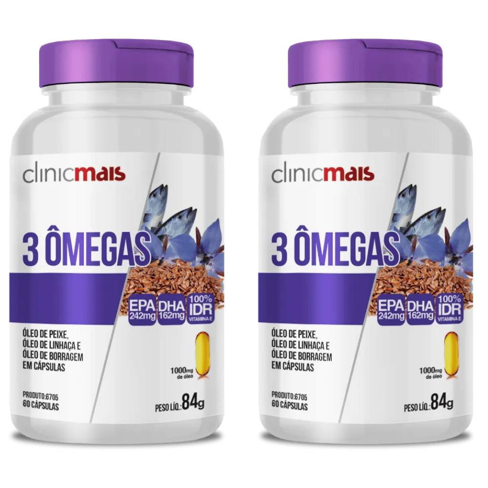 KIT 2X 3 ômegas ( Óleo de Peixe, Linhaça e Borragem) 60 cápsulas - Clinicmais