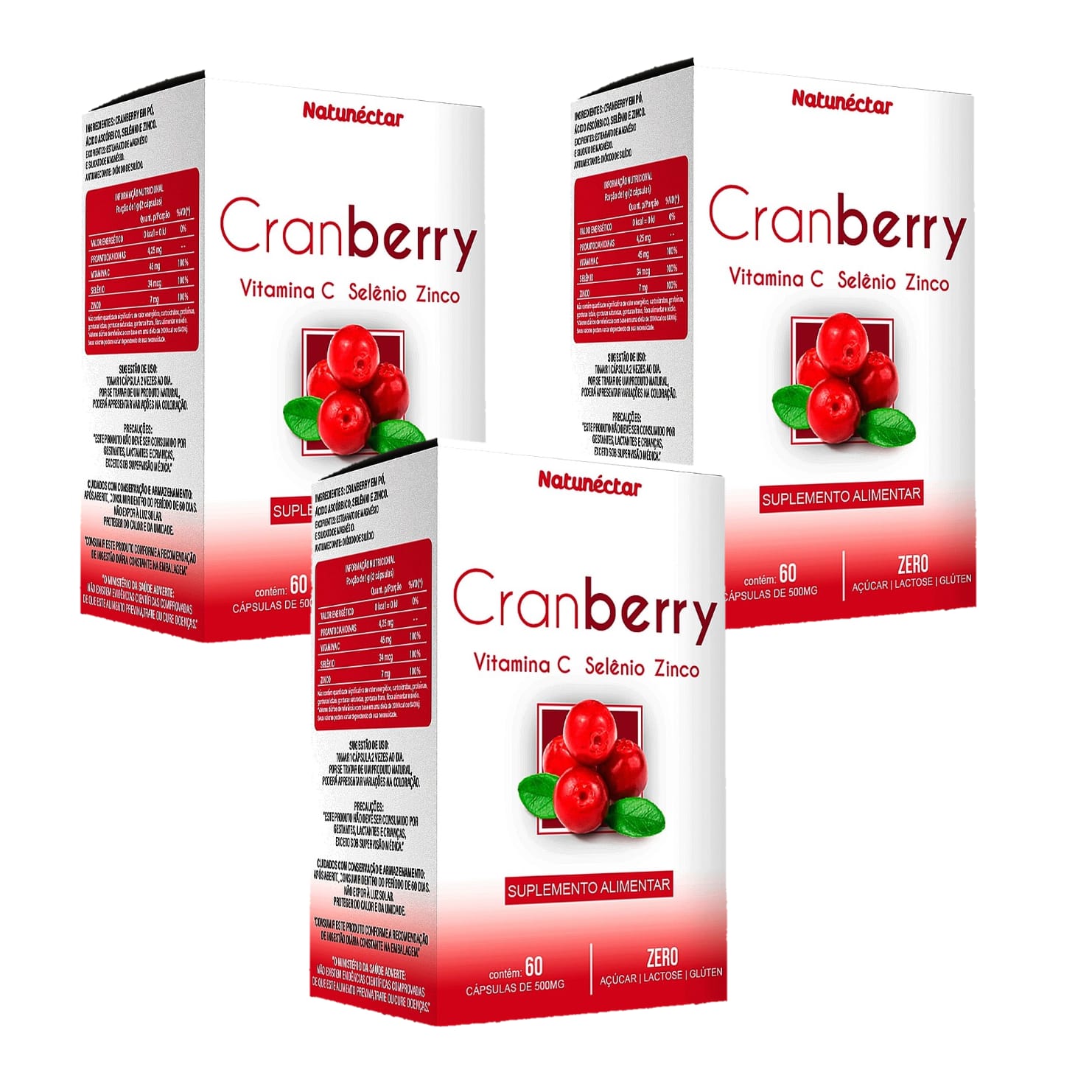 Cranberry + Vitamina C + Selênio + Zinco - 500mg - 60 Cápsulas (3x)
