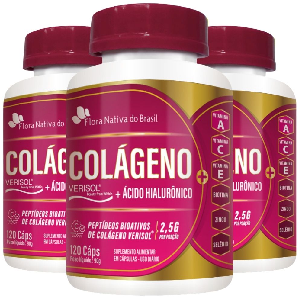 Kit 3x Colágeno Verisol com Ácido Hialurônico - 120 Cápsulas - Flora Nativa