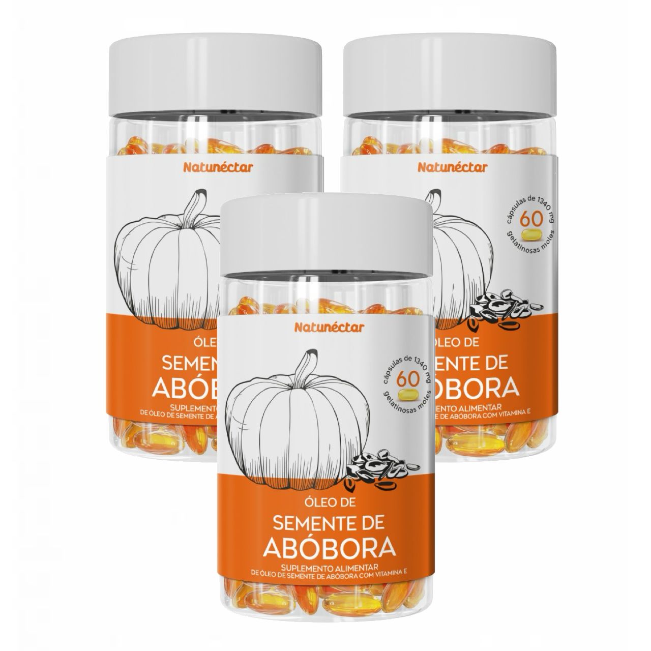 3x Óleo de Semente de Abóbora 1000mg com Vitamina E - 60 Cápsulas