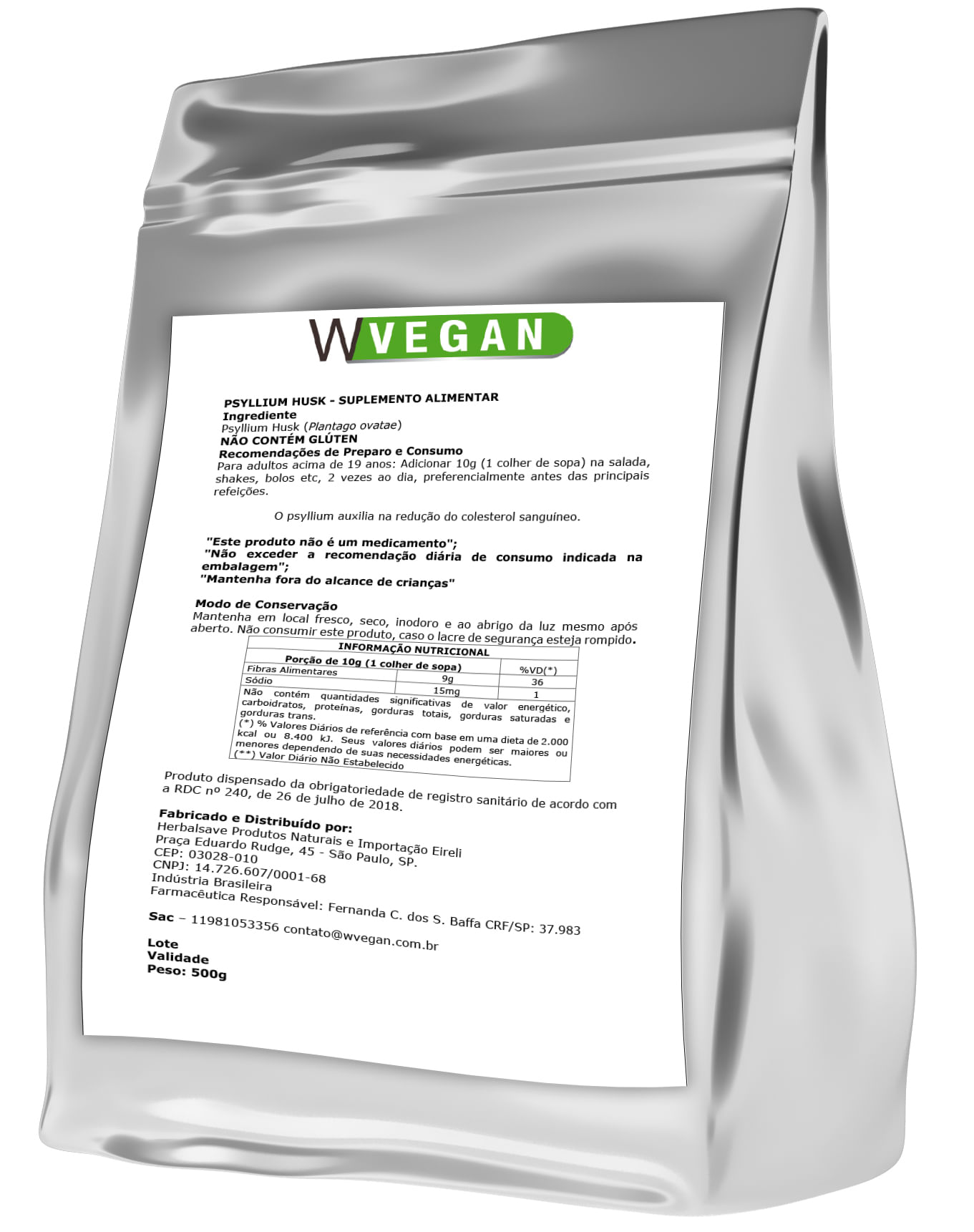 Psyllium 500g Embalagem Refil WVegan Psillium Vegano