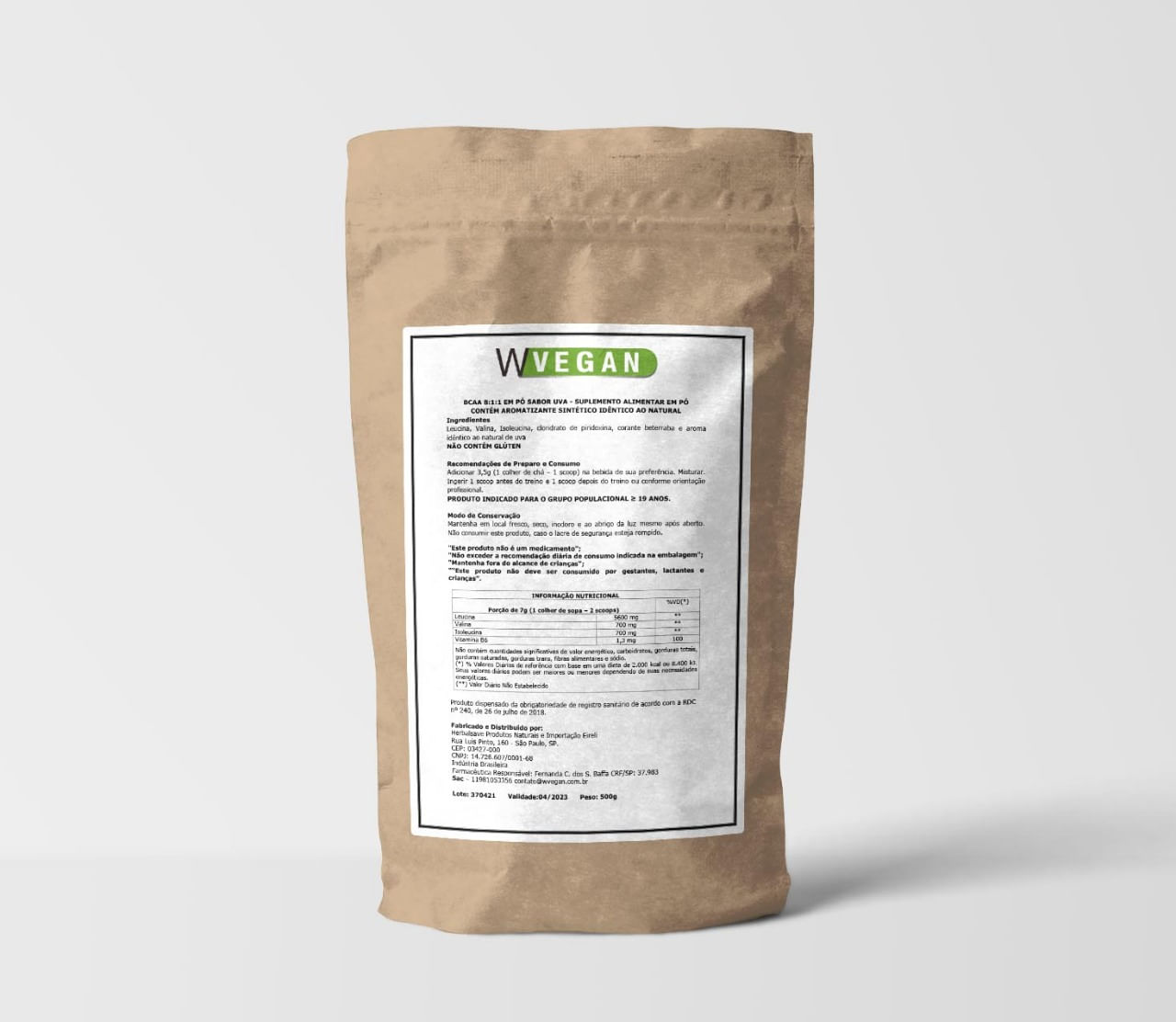BCAA Po 500g Sabor Uva Embalagem Refil WVegan Vegano Aminoacido