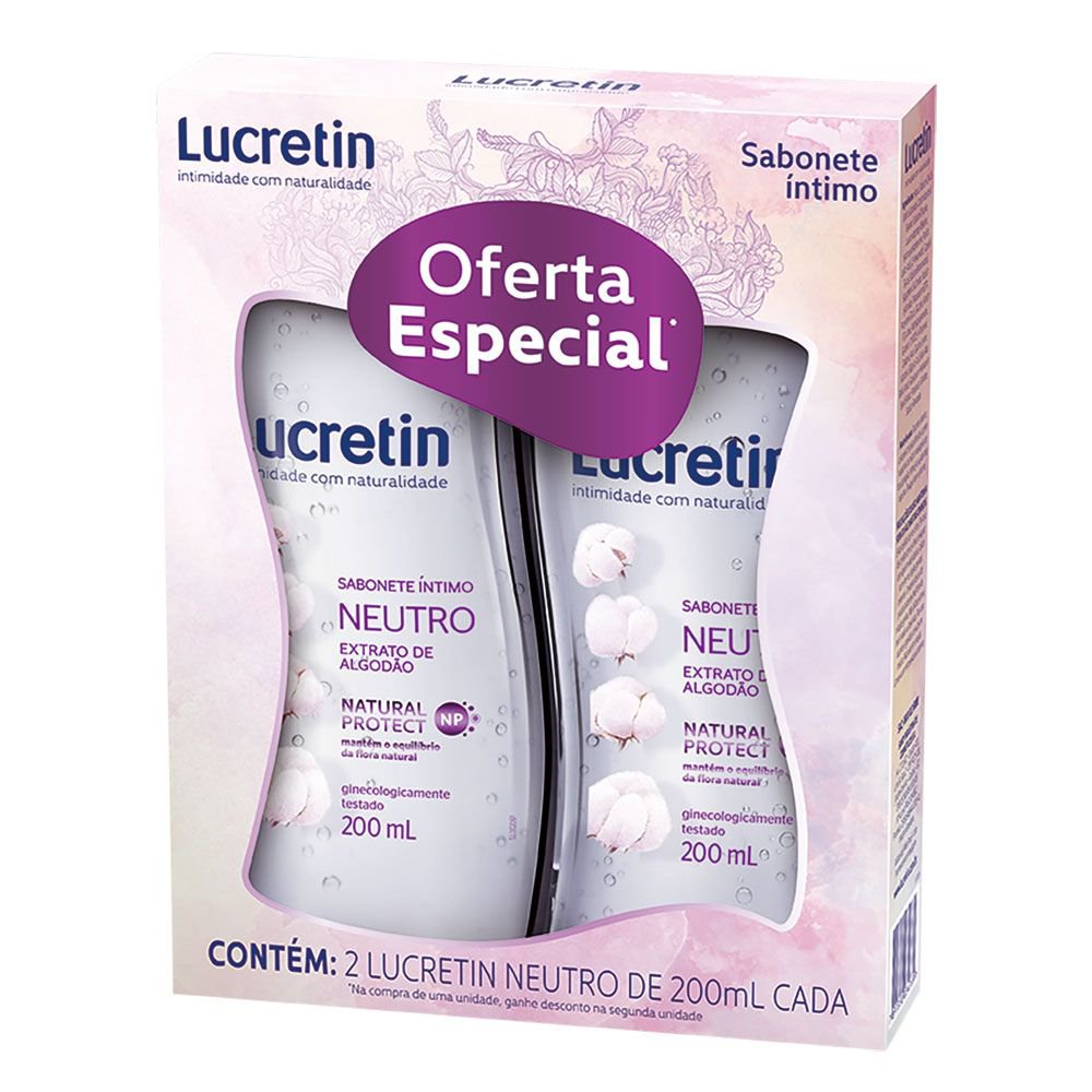 Kit Sabonete Íntimo Lucretin Neutro Extrato de Algodão 200ml 2 Unidades
