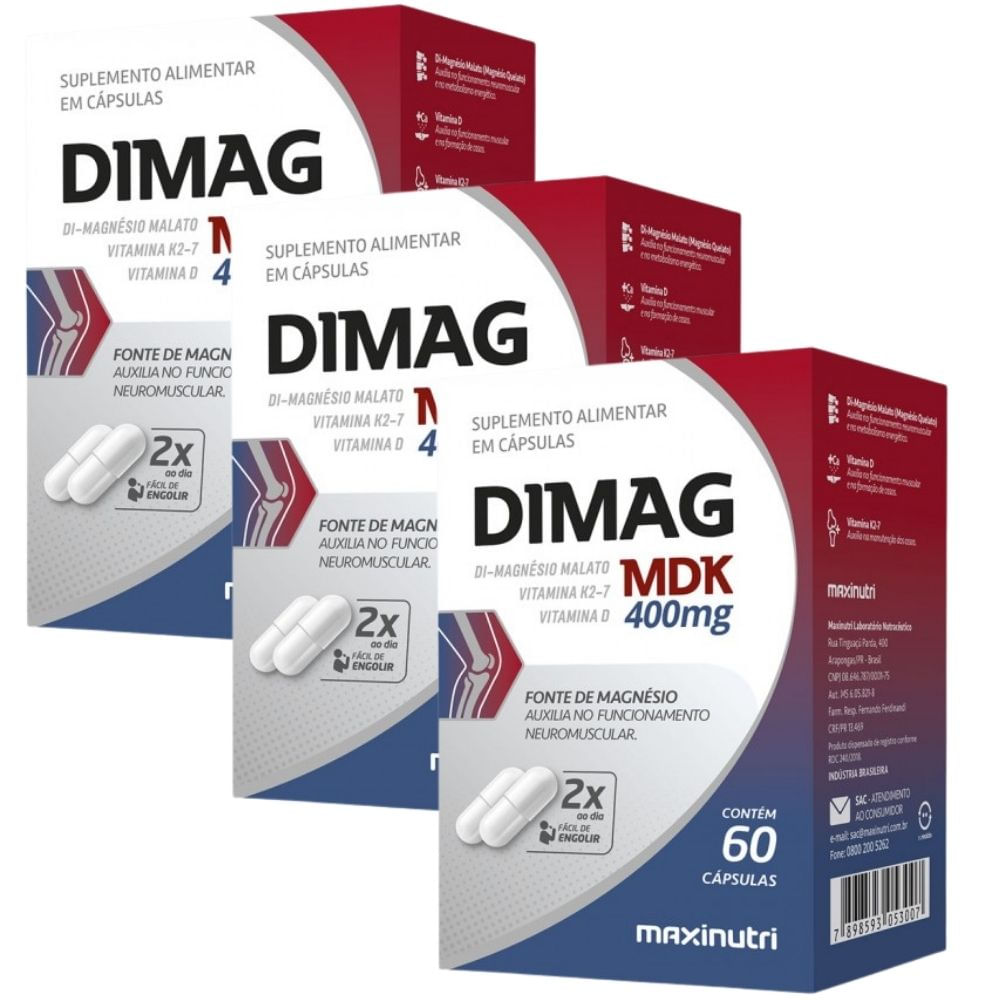 KIT 3X Dimag MDK - Magnésio Dimalato + Vitaminas D3 e K2 - 60 cápsulas - Maxinutri