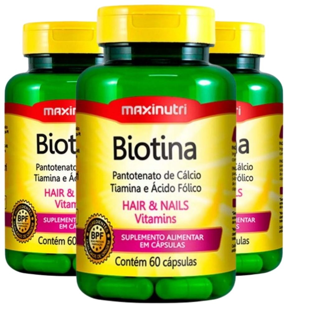 KIT 3X Biotina + Vitaminas B1 B5 Ácido Fólico 60 cápsulas - Maxinutri