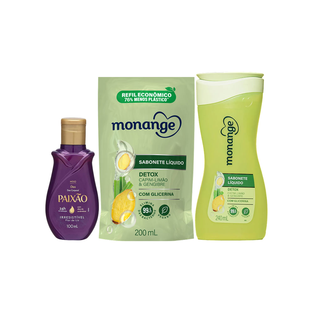 Kit Monange E Paixão Óleo Corporal Irresistível Flor de Lis 100ml + Sabonete Líquido Detox Capim-Limão e Gengibre 240ml + Refil 200ml