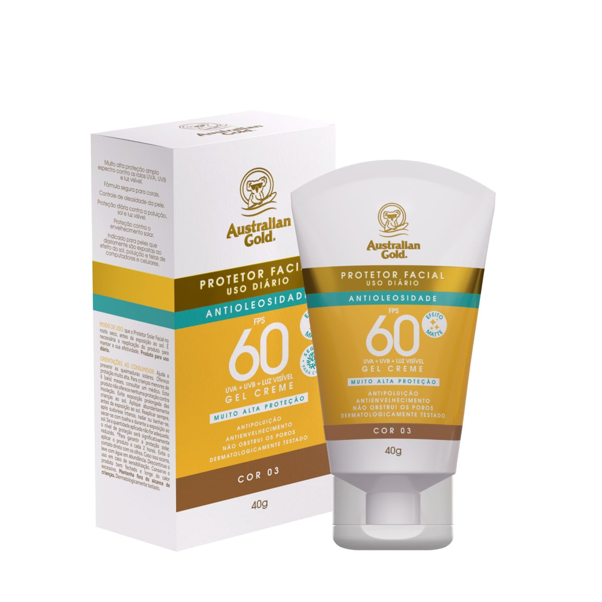 Protetor Solar Facial Australian Gold Antioliosidade FPS60 Cor 03 40g