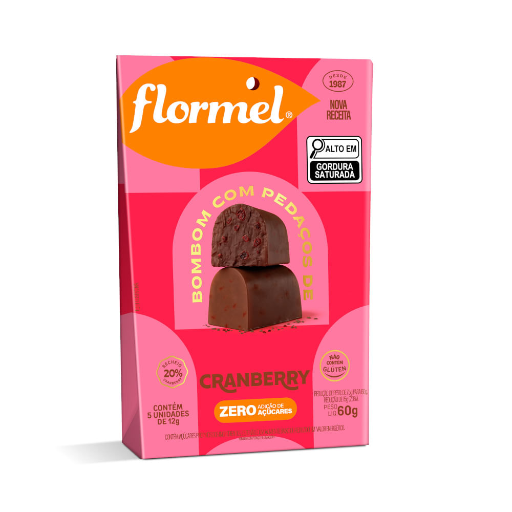 Bombom Com Pedaços De Cranberry Sem Adição De Açúcar Flormel Caixa 60g 5 Unidades De 12g Cada