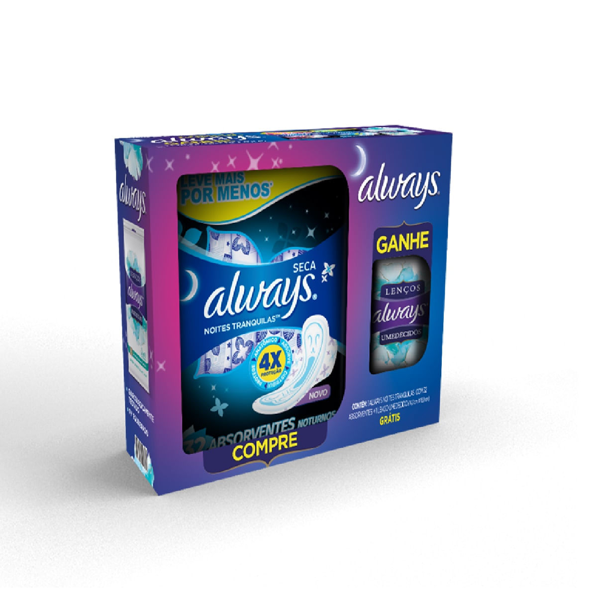 Kit Absorvente Always Noites Tranquilas Seca Com 32 Unidades Grátis Lenço Umedecido Com 16 Unidades