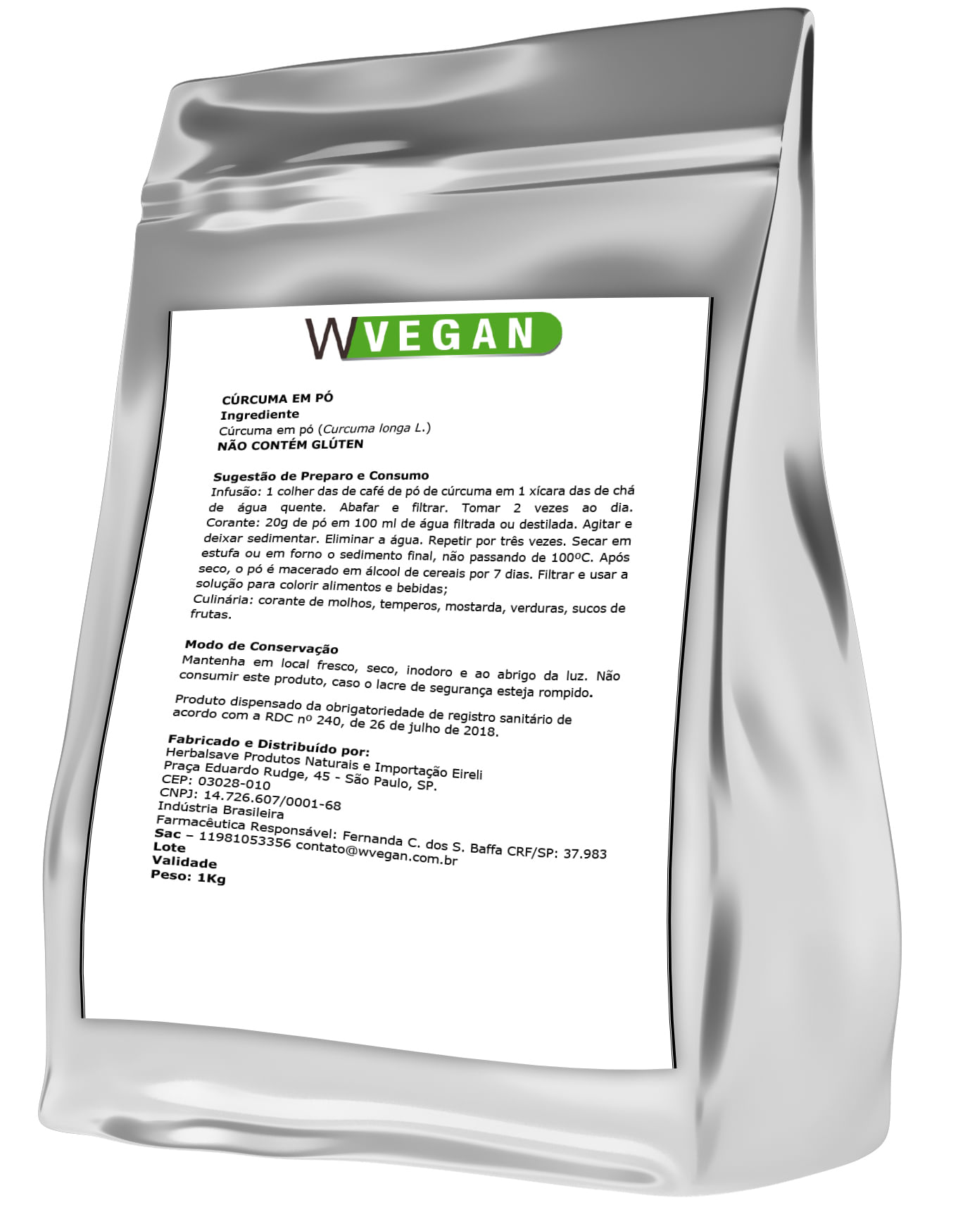 Cúrcuma 1Kg Embalagem Refil WVegan Vegano Curcuma