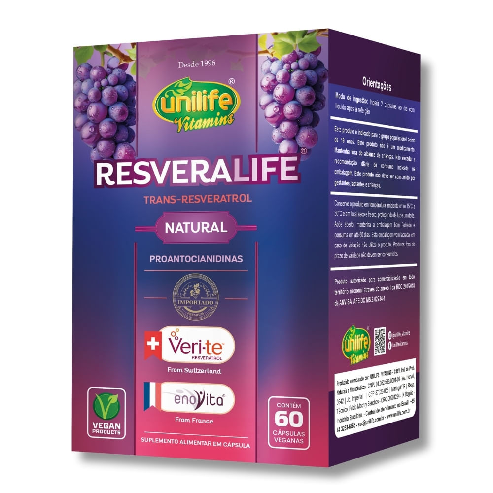 Trans-Resveratrol Resveralife 400mg - 60 Cápsulas - Unilife