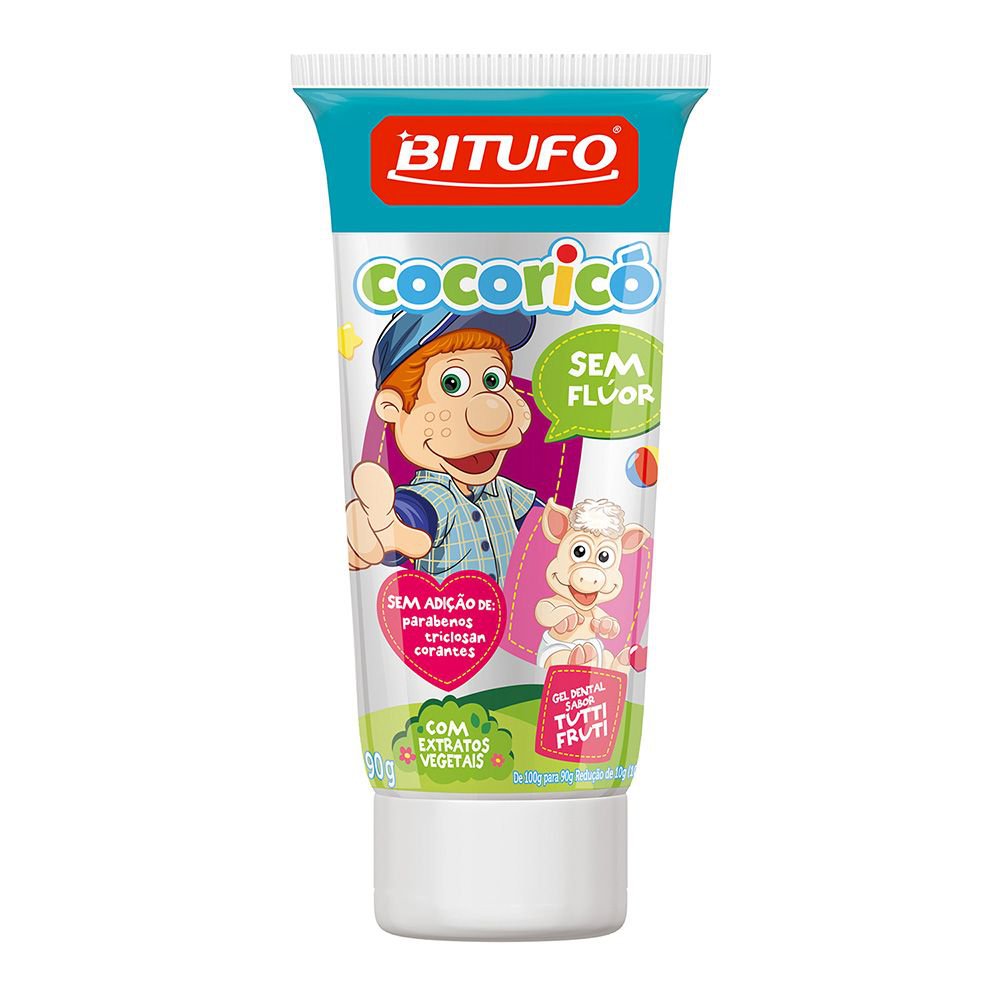 Gel Dental Infantil Bitufo Cocoricó Sem Flúor Sem Corantes Sabor Tutti Frutti 90g
