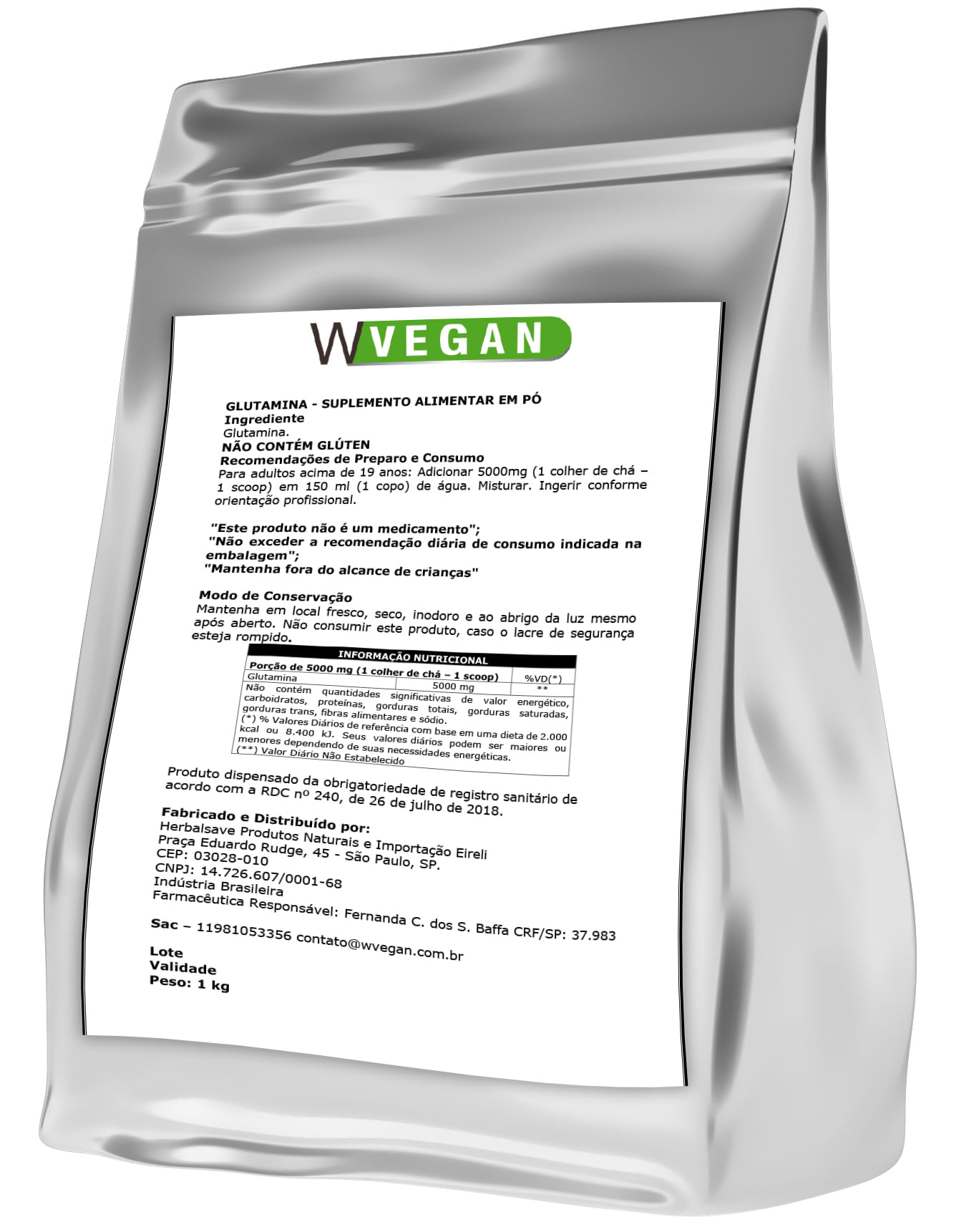 Glutamina Vegan 1Kg Embalagem Refil WVegan Vegano
